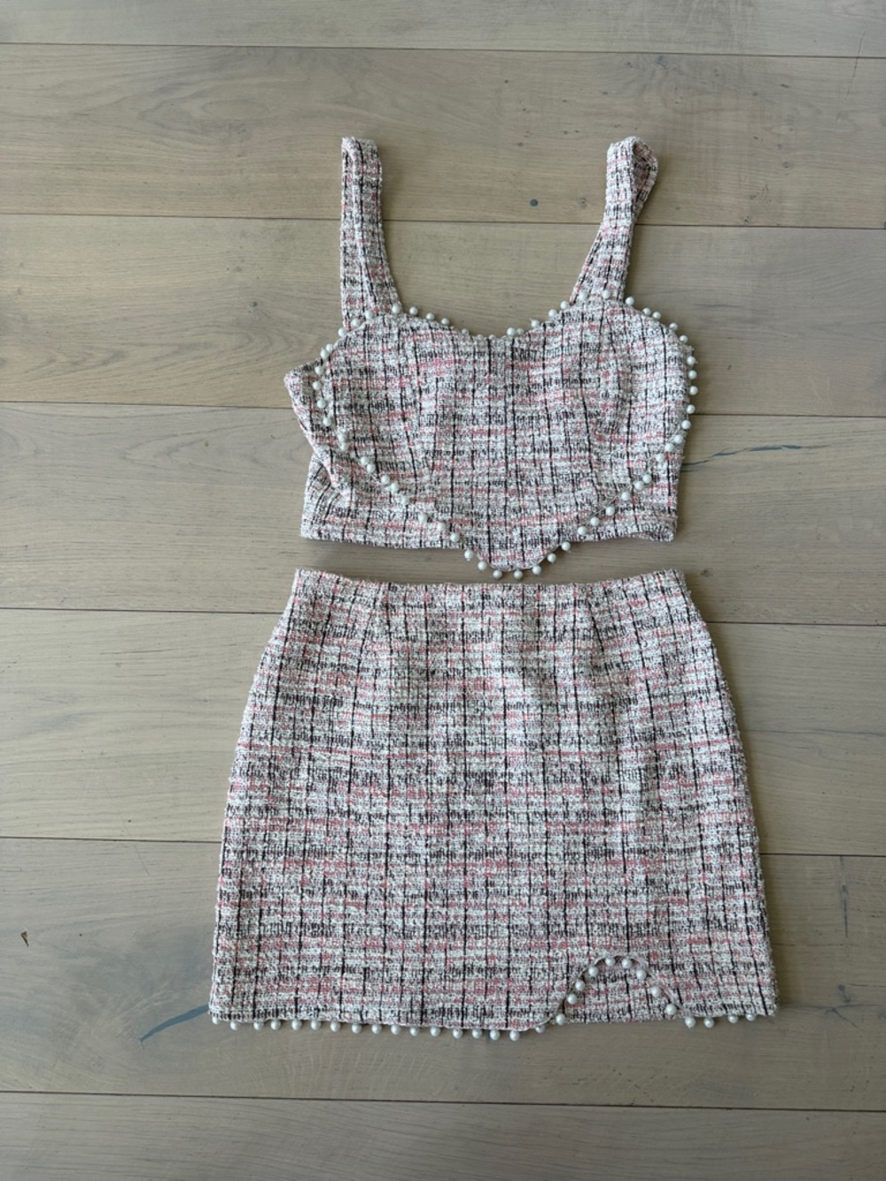 Pearl Trim Tweed Two-Piece Set - Pink & Ivory